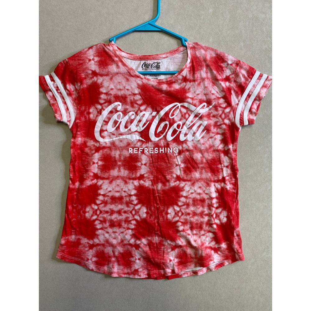 Coca-Cola Red White Tie Dye Graphic Tee Striped Sleeve Shirt Medium 7-8